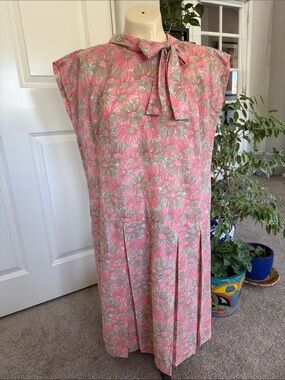 Vintage Pink and Green Floral Midi Dress with Neck Tie